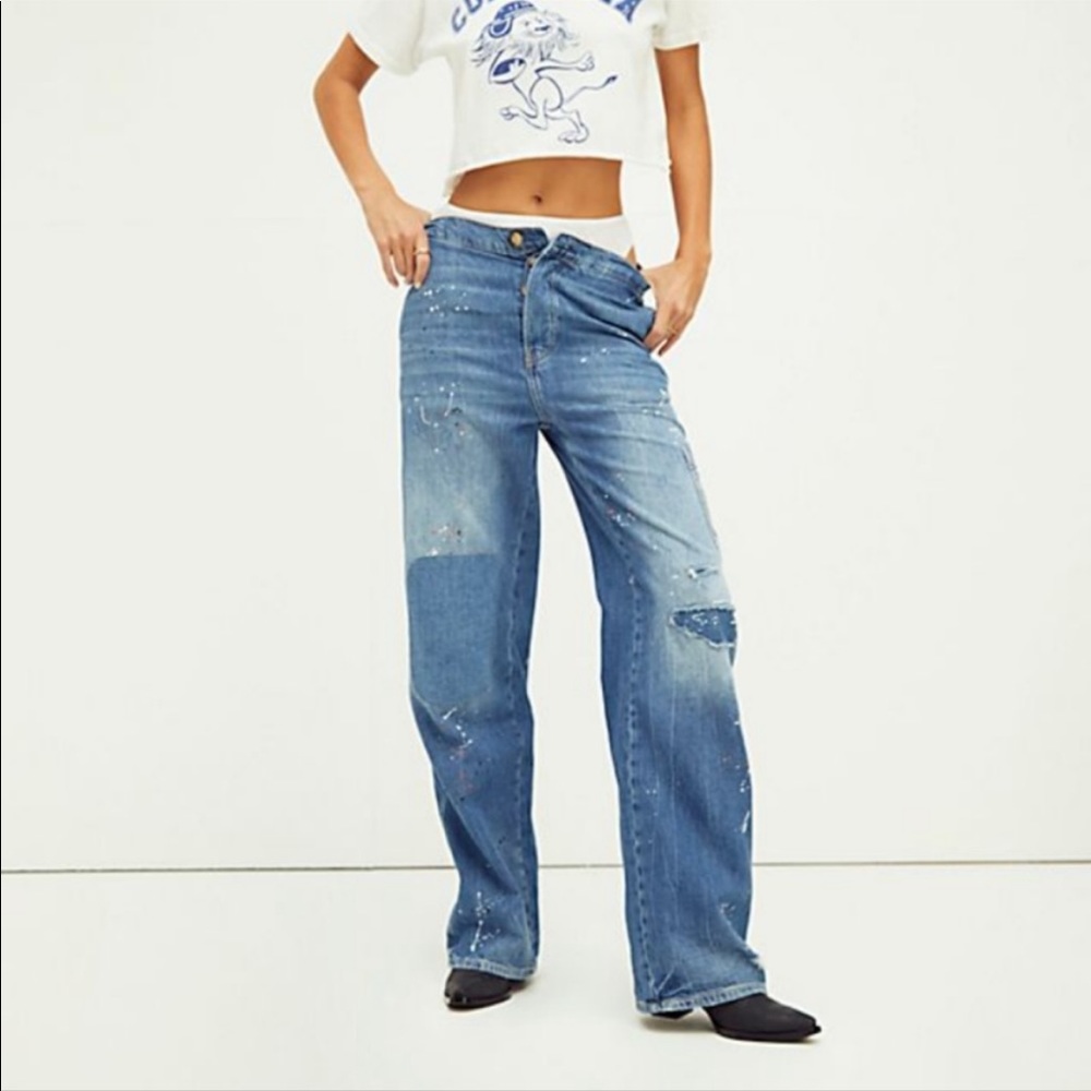 Free People Dustbowl Wide Leg Jeans Paint Blue 26